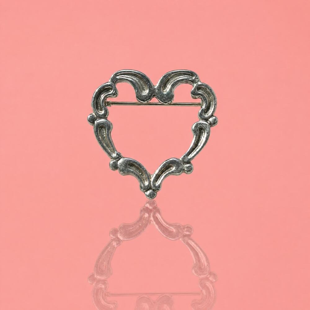 Vintage Silver Tone Open Scroll Heart Brooch Pin Elegant Filigree Design